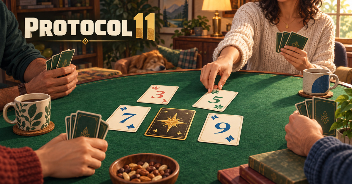 The Protocol 11 site Open Graph artwork: a tabletop game and its board.