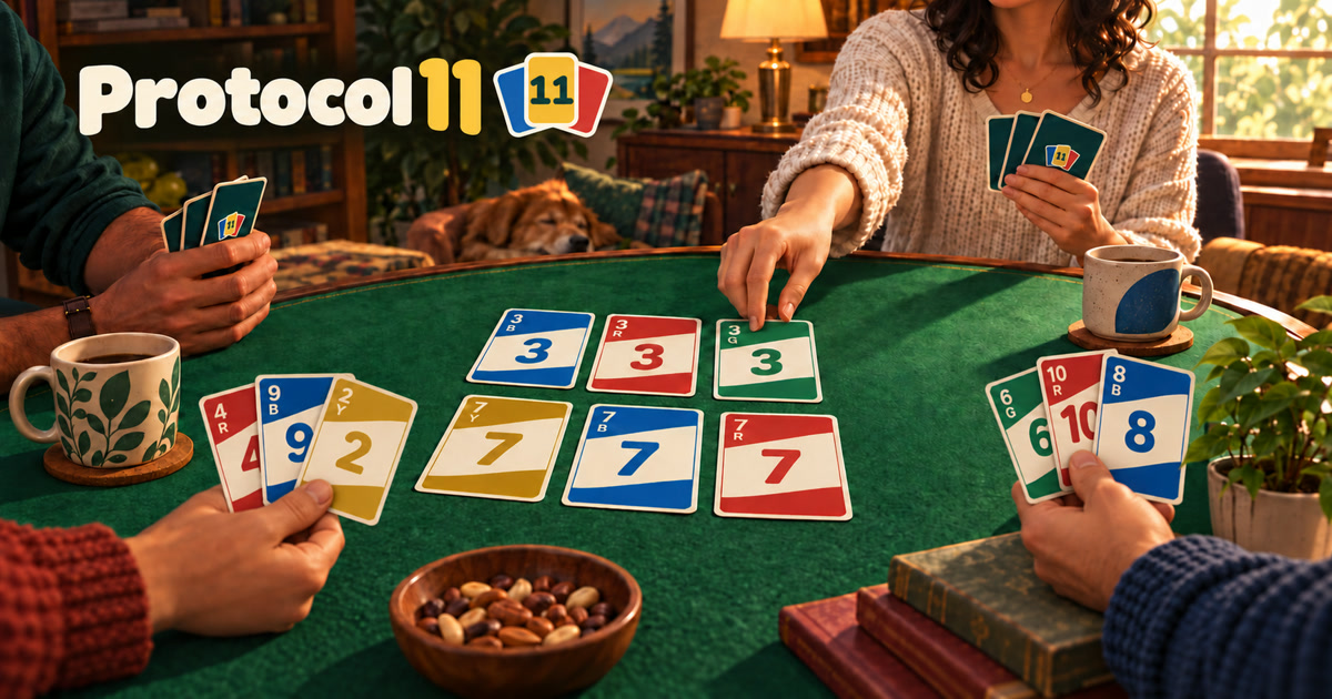Promotional artwork on the Protocol 11 site: a tabletop game and its board.
