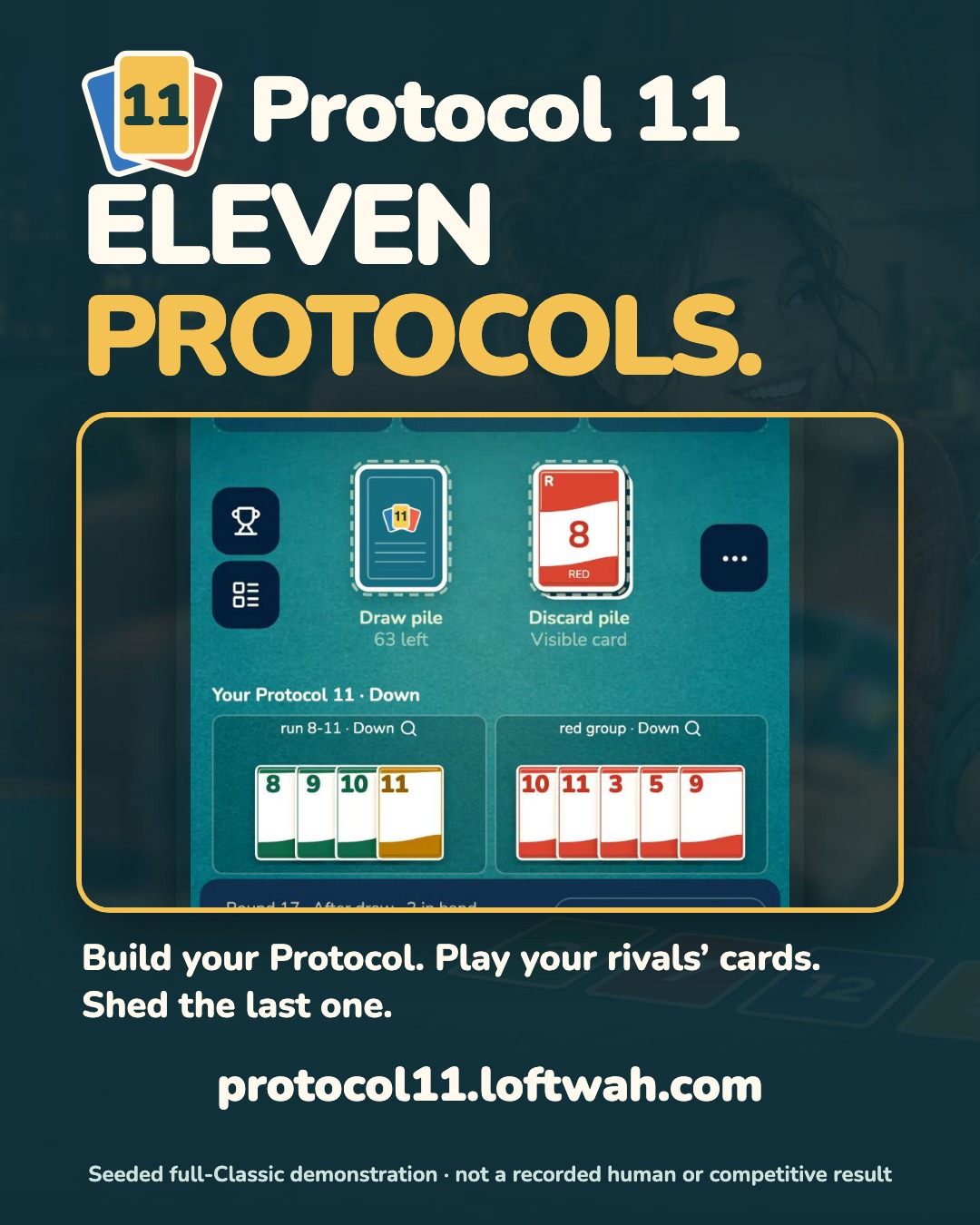 Climax feed still: ELEVEN PROTOCOLS over a framed real table with Protocol 11 down.